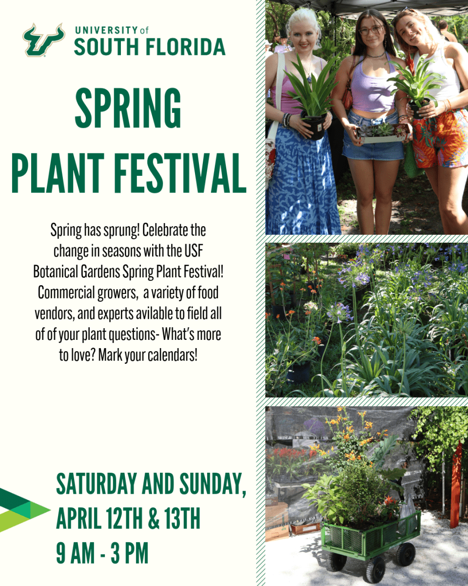 Graphic for the festival with pictures of plants, patrons, including dates and times.