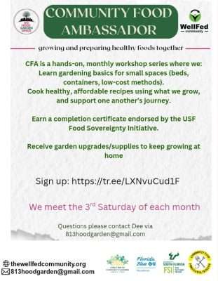 CFA is a hands-on, monthly workshop series where we: Learn gardening basics for small spaces. Cook healthy, affordable recipes using what we grow, and support each other's journeys. Earn a completion certificate endorsed by the USF Food Sovereignty Initiative. Receive garden updates and supplies to keep growing at home. November 15th 2025 at 10am is our first workshop, we meet the 3rd Saturday of each month. All ages are welcomed. For questions please contact Dee via 813hoodgarden@gmail.com